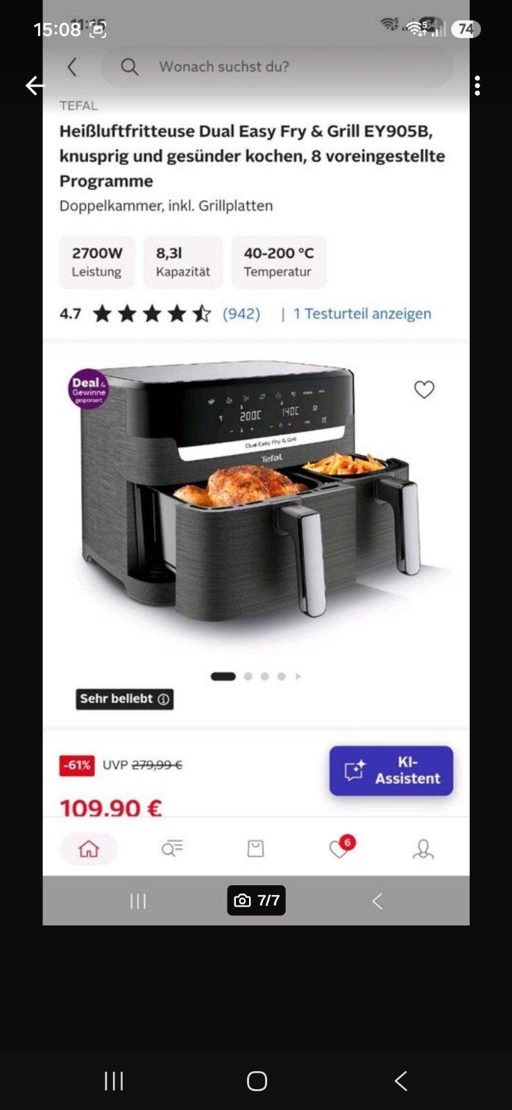 tefal dual easy fry&grill, Elektronische apparatuur, Ophalen, Zo goed als nieuw, Airfryer XXL