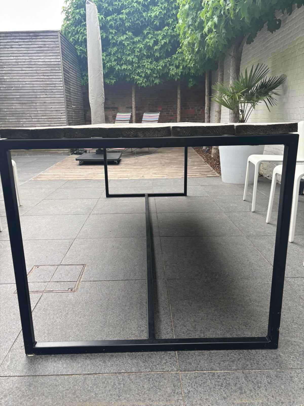Tuintafel gelast stalen onderstel, steigerhout, 240x90cm, Tuin en Terras, Ophalen, Gebruikt, Rechthoekig