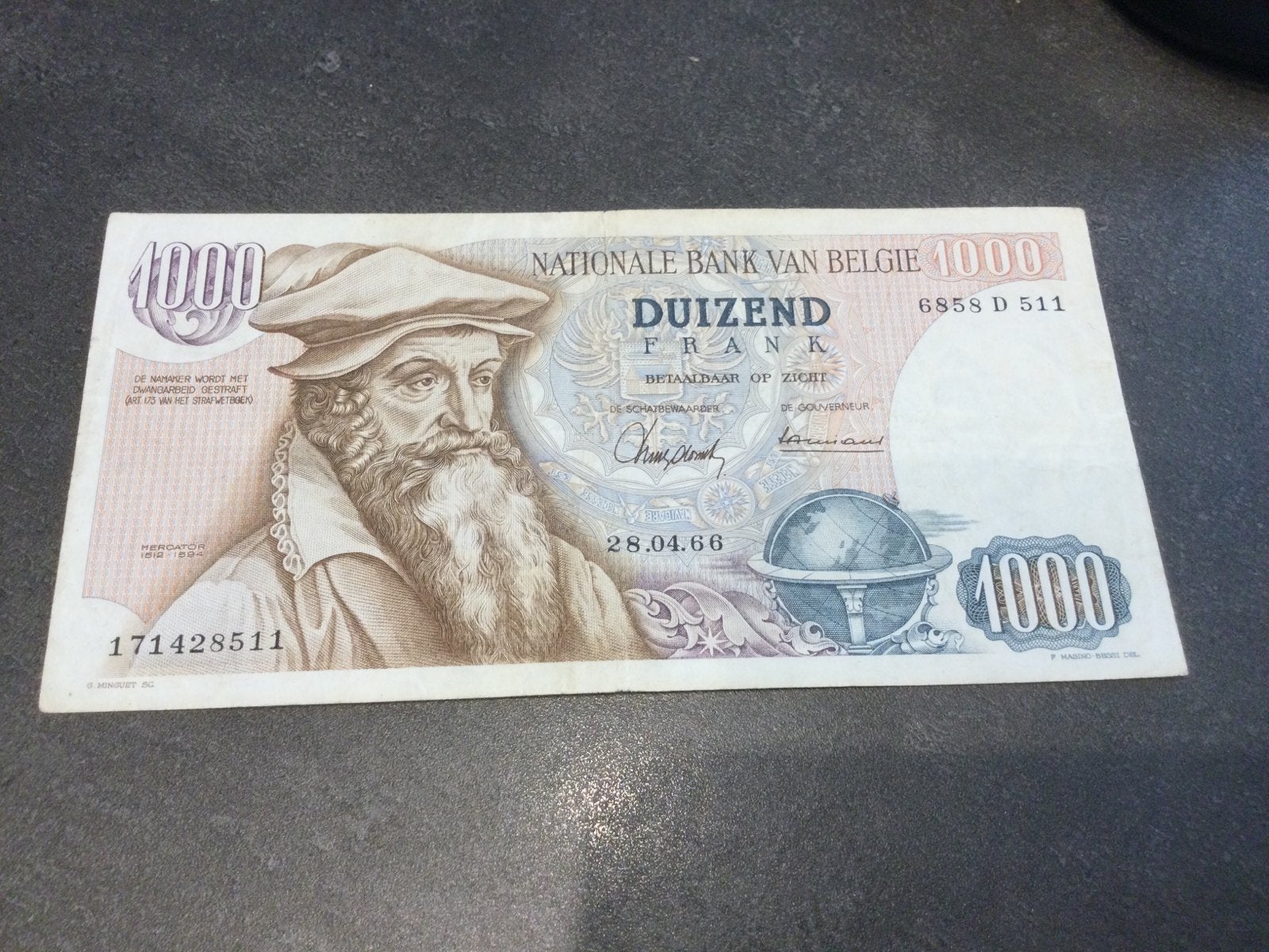 1000 Francs Belgique type Mercator 1966, Enlèvement ou Envoi