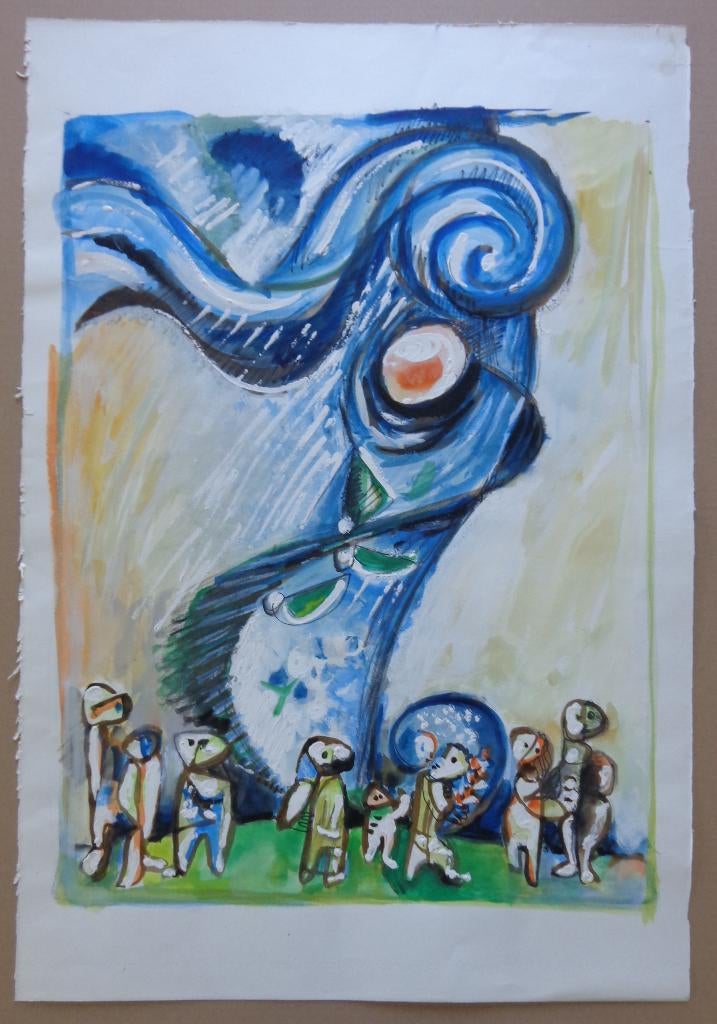 JOEL KASS / FAMILIE / ORIGINEEL WERK / 75x51cm, Antiquités & Art, Art | Dessins & Photographie, Enlèvement ou Envoi, Aquarelle