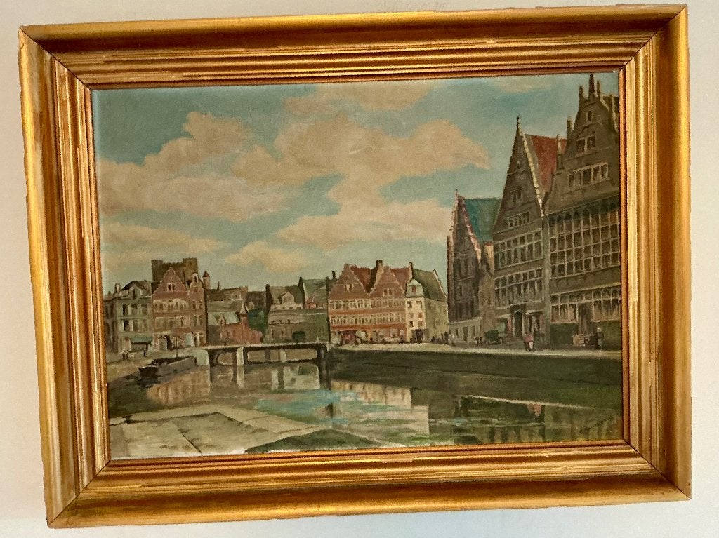 Olieschilderij: Gent met zicht op de Graslei., Ophalen, Doek, Impressionistisch, Gesigneerd