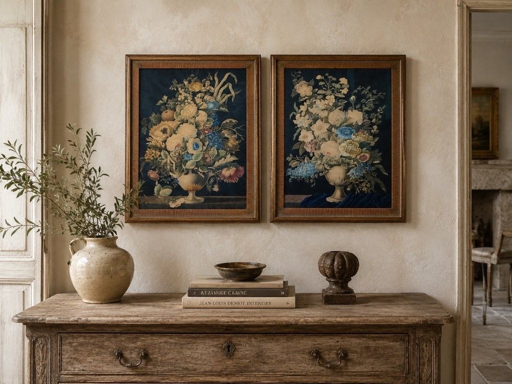 Paar neoclassicistische bloemstillevens - F.M. de Spaen, Nederlandse school, Achter glas, Aquarel, Papier
