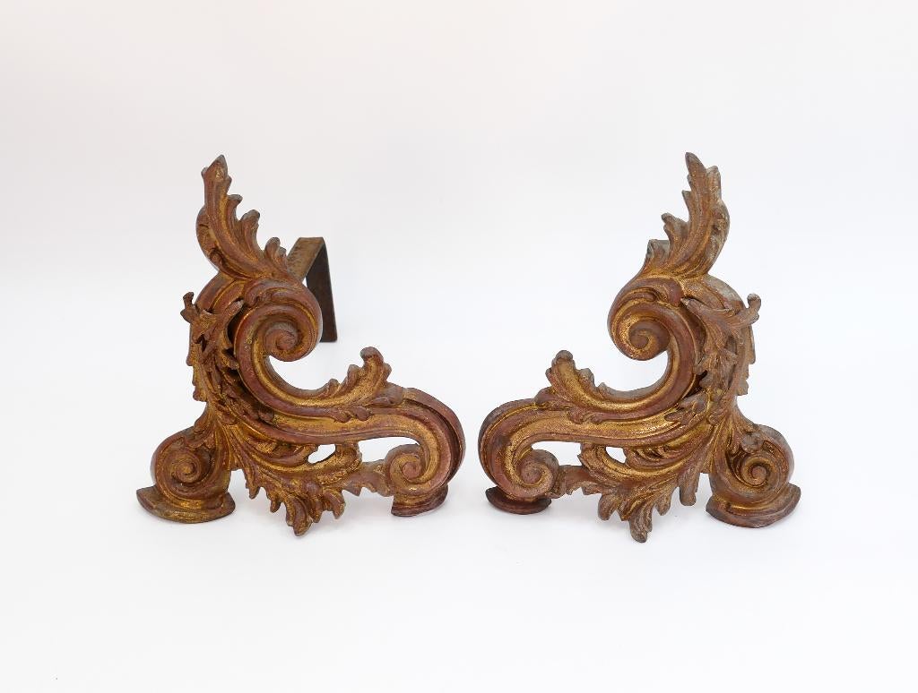 Antieke vergulde vuurbokken - Rococo stijl midden 19e eeuw, Ophalen of Verzenden