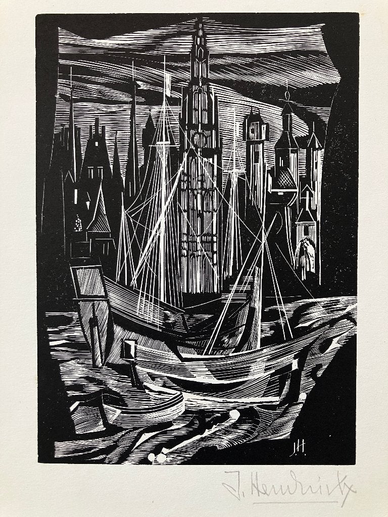 Houtsnede Jos Hendrickx (1906-1971) Antwerpen, Ophalen, Houtsnede