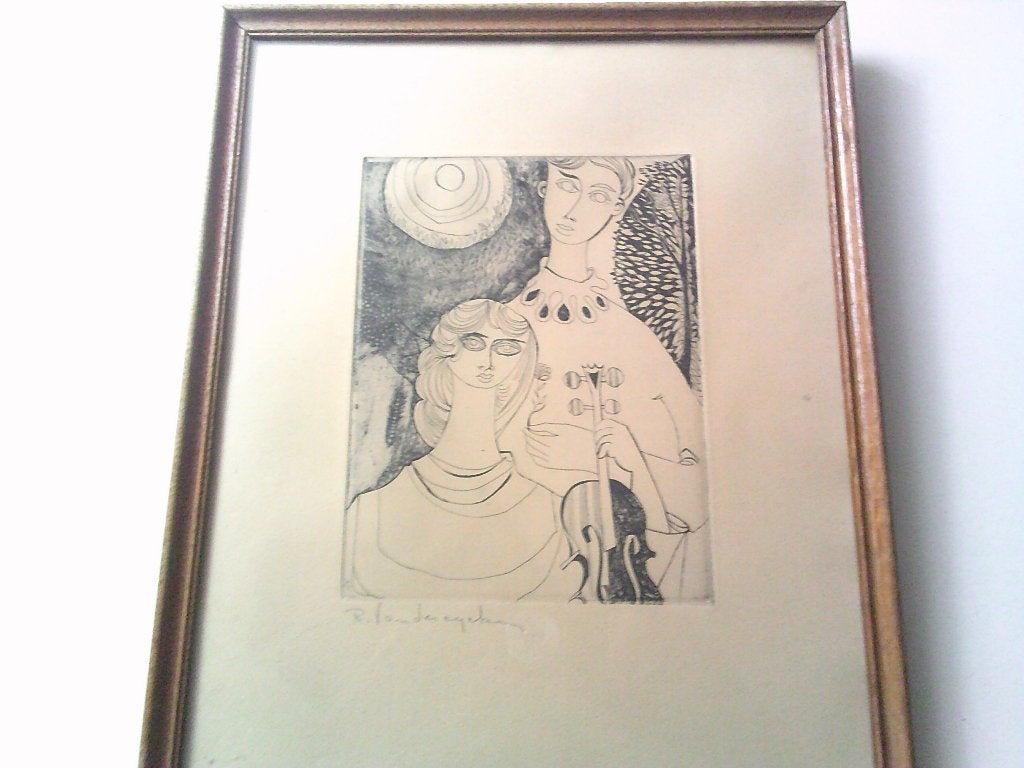 litho  robert vandereycken jong paar met viool, Gesigneerd, Ophalen, Overige onderwerpen, Lithografie