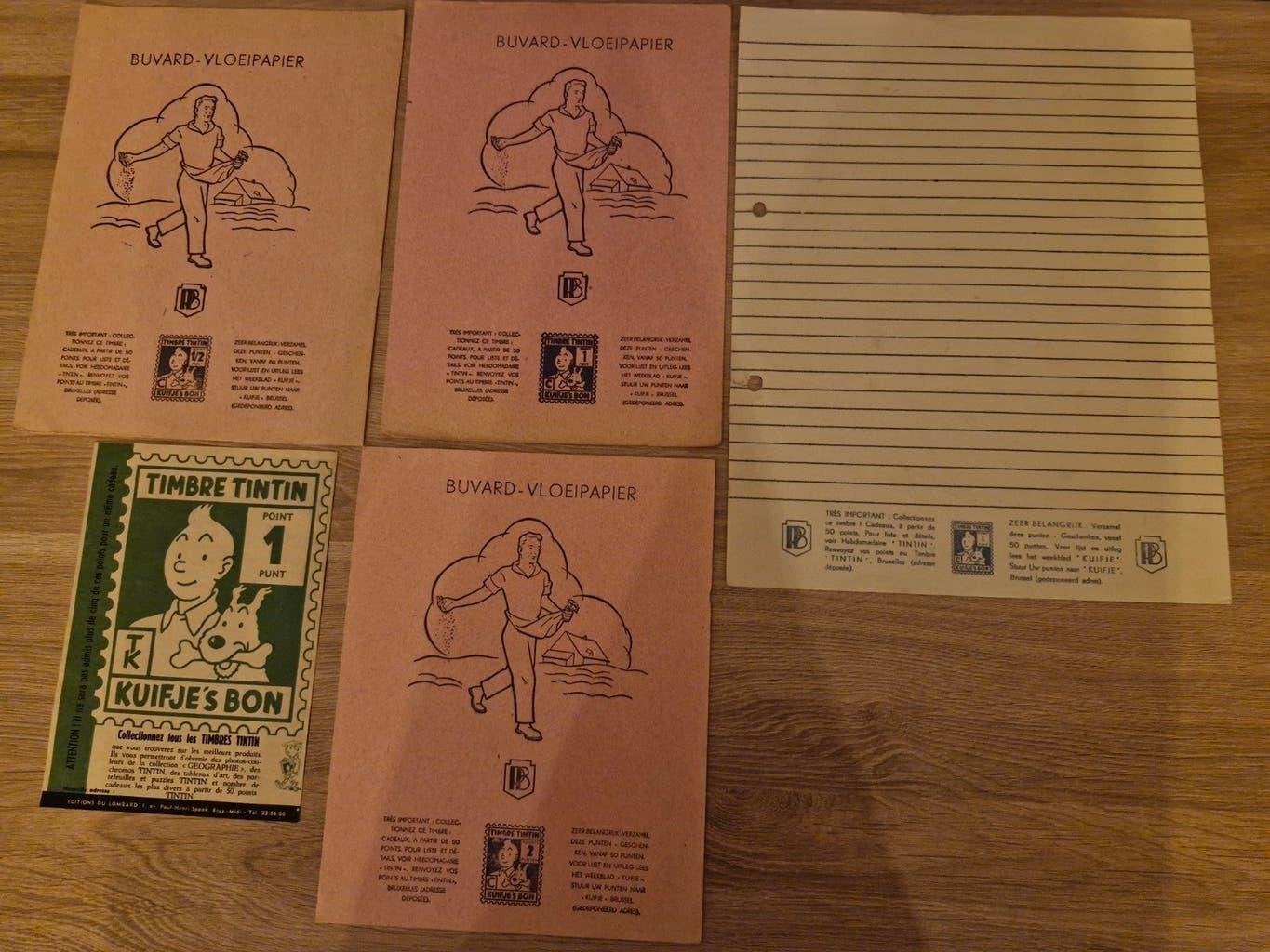 4 oude vloeipapieren 1 knipsel begin jaren '50 Tintin punten, Ophalen of Verzenden, Kuifje, Gebruikt, Overige typen