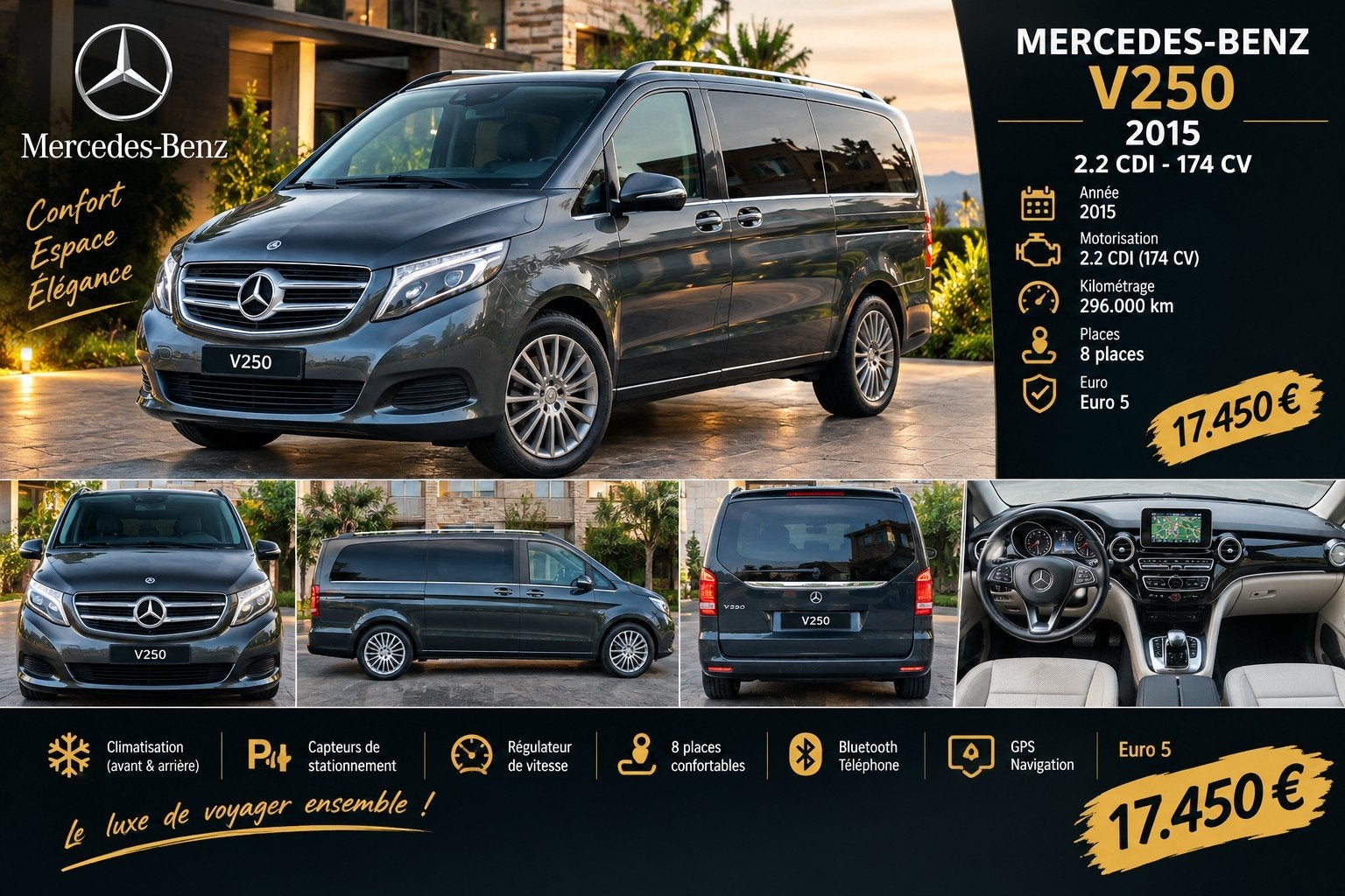MERCEDES V250 CDI EURO6 8PLACE, 2198 cm³, Achat, 6 portes, Entreprise