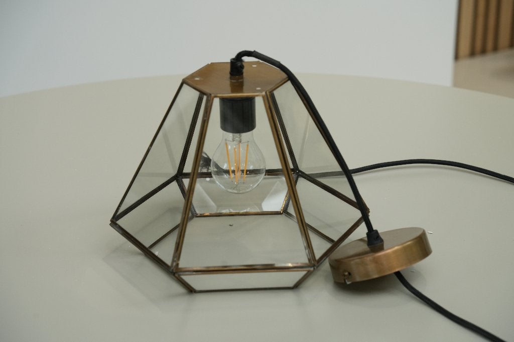 Glazen hanglamp met geometrisch frame, Verre, Vintage, Comme neuf, Enlèvement