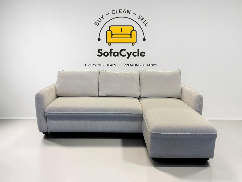 Hoekzetel wit in ribstof met opbergkoffer, Huis en Inrichting, Nieuw, Zonnestraat 223-229, 9600 Ronse, België, Info@sofacycle.be