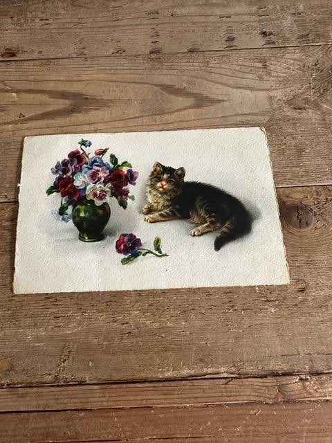 postkaart kat bloemen vaas, Verzamelen, Postkaarten | Themakaarten, Ophalen of Verzenden, 1920 tot 1940, Gelopen, Overige thema's
