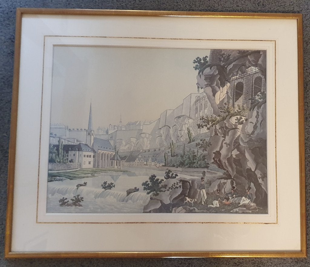Cadre doré Vue du Luxembourg 1814, Maison & Meubles, Doré, Enlèvement ou Envoi, Comme neuf, 52 cm