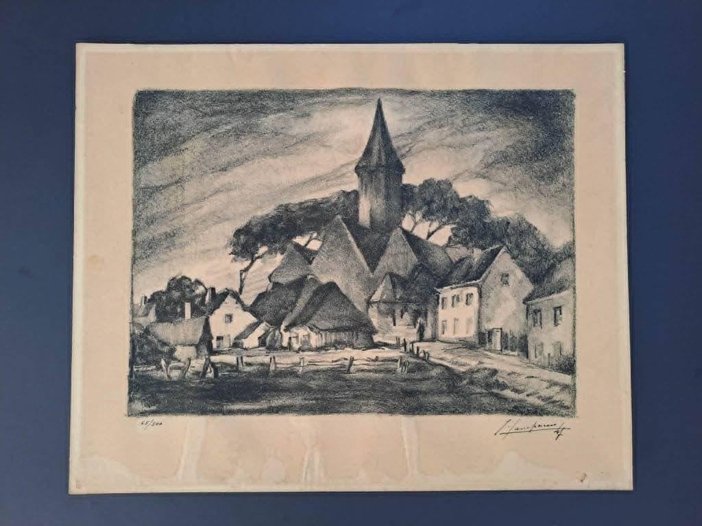 Oude gesigneerde ets – Léon Lanckneus – Vlaams dorpsgezicht, Ets, 42 cm, Ophalen of Verzenden, Met tekst