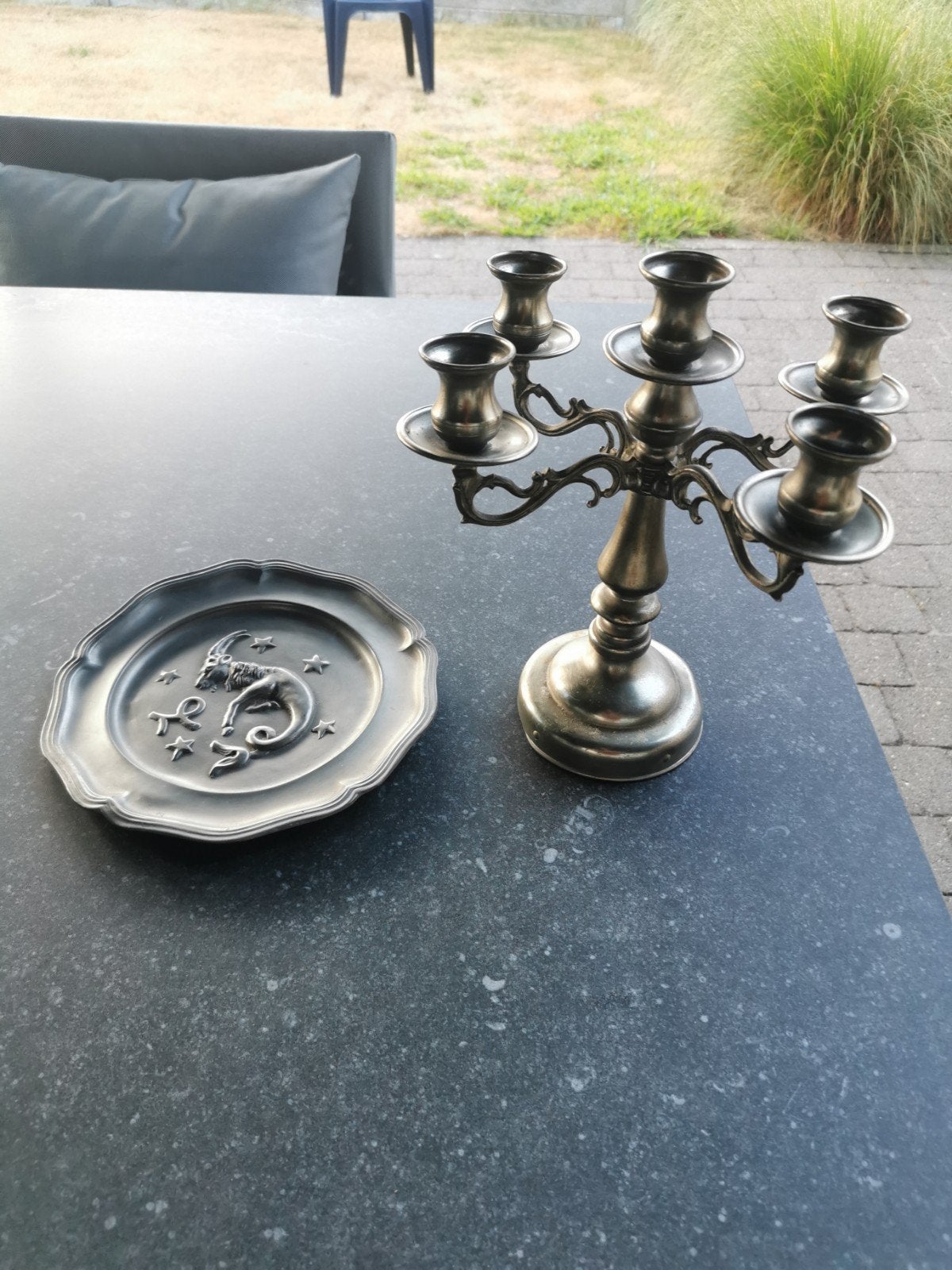 Tinnen Kandelaar en bord, Antiek en Kunst, Ophalen of Verzenden