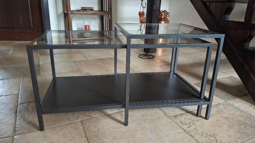 glazen salontafel+bijpassende bijzettafel met metalen frame, Huis en Inrichting, Tafels | Salontafels, Ophalen