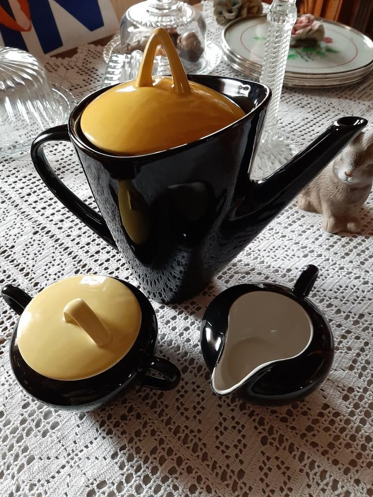 Vintage koffiekan, creamer en suikerpotje, zwart geel, Enlèvement ou Envoi