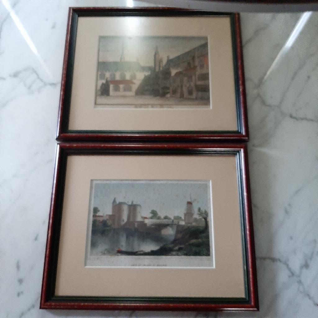 2 x kopergravure Brugge, Antiek en Kunst, Kunst | Etsen en Gravures, Gravure, Handgekleurd, Ingelijst, Stadsgezicht, 1700 - 1799