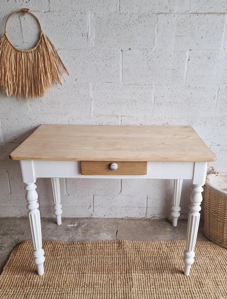 Table appoint rectangulaire aérogommée bois massif  et blanc, Ophalen, Zo goed als nieuw, Rechthoekig, Eikenhout