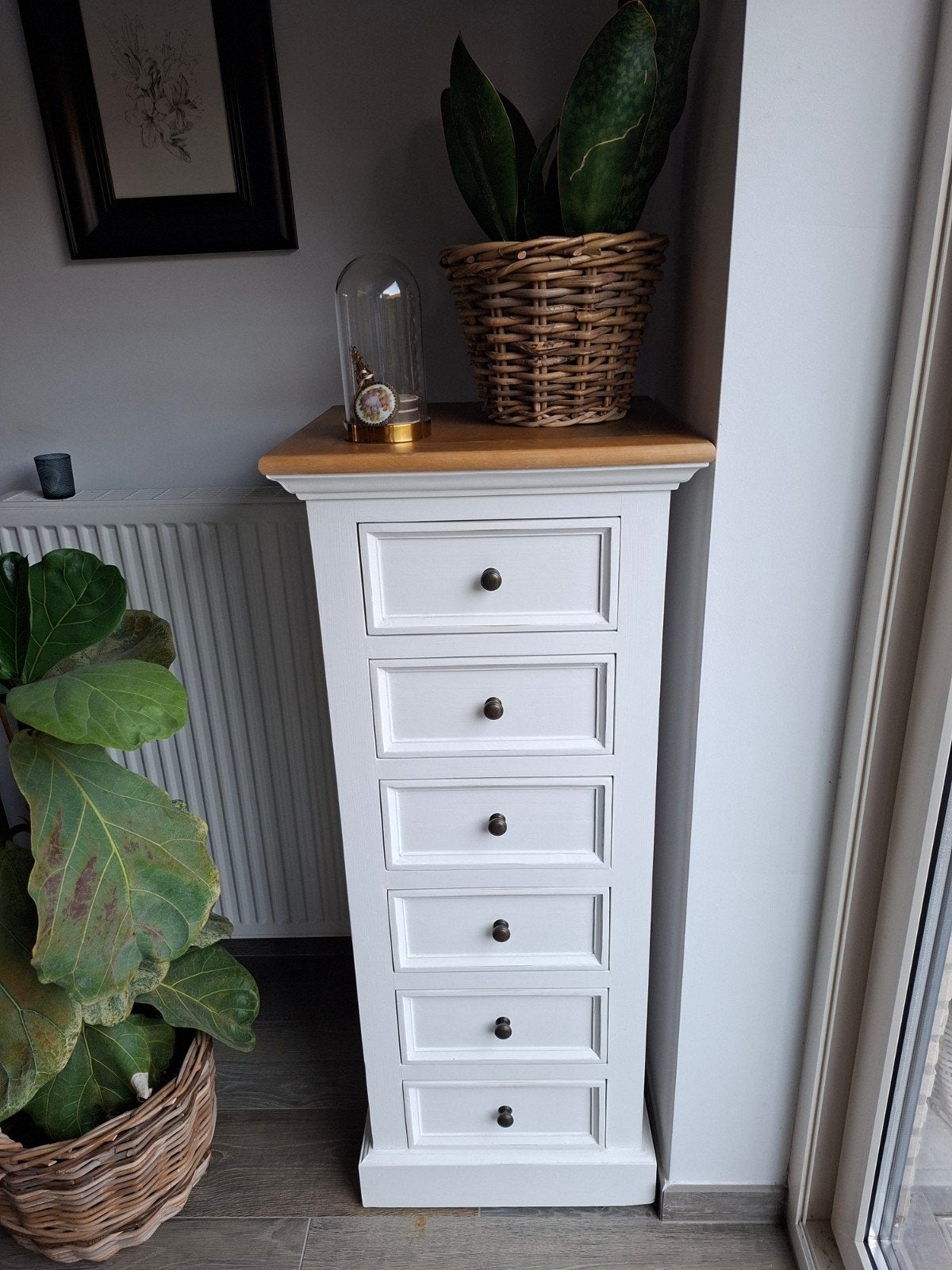 Wit kastje met 6 schuiven en eiken blad, Ophalen, Gebruikt, 5 laden of meer, 100 tot 150 cm
