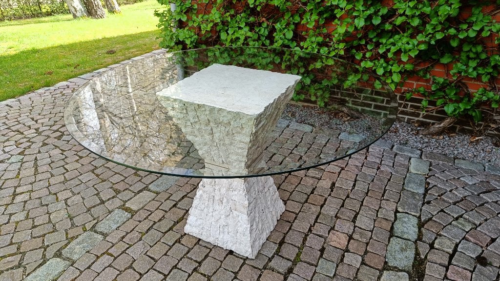 Glazen ronde tafel op centrale zuil, Huis en Inrichting, Tafels | Eettafels, Ophalen, Gebruikt