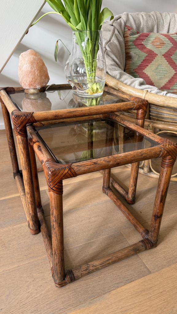 Set rotan bijzettafeltjes, Ophalen, Vierkant, Bohemian, Glas