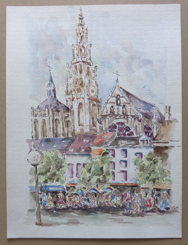ONBEKEND / ANTWERPEN GROENPLAATS / ORIGINEEL WERK / 36x27cm, Antiquités & Art, Enlèvement ou Envoi, Aquarelle, Paysage urbain / rural