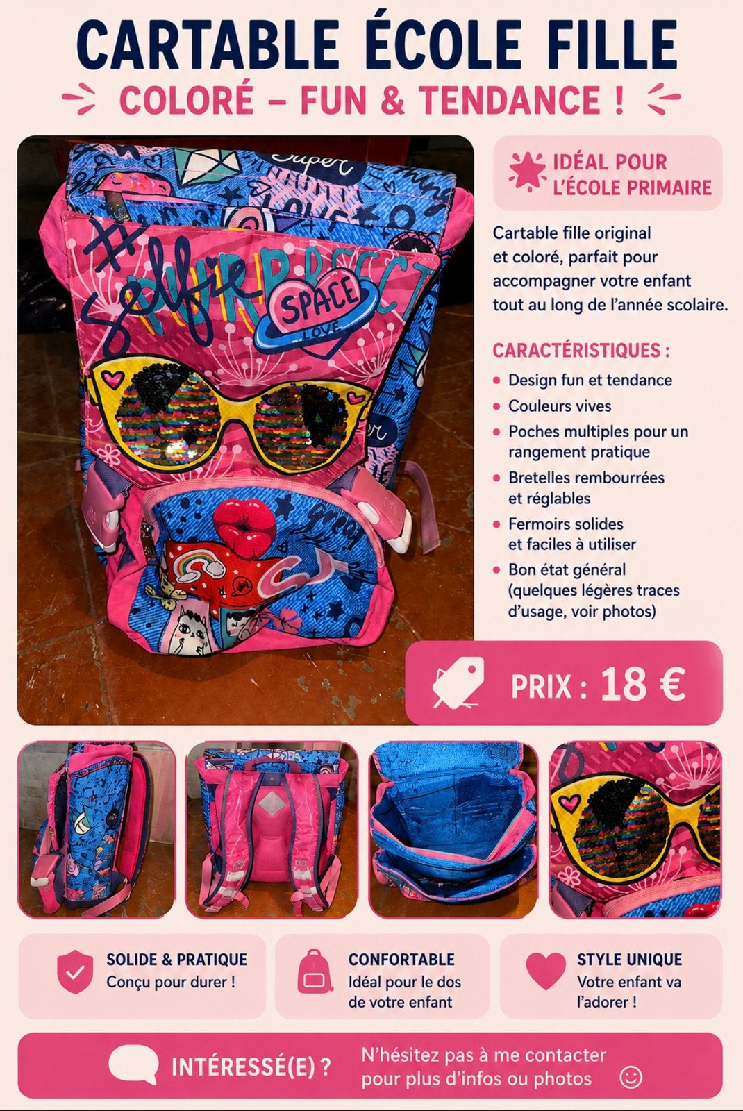 Cartable/Sac a dos fille 🩷💙, Réglable, Bleu, Sac à dos, Comme neuf