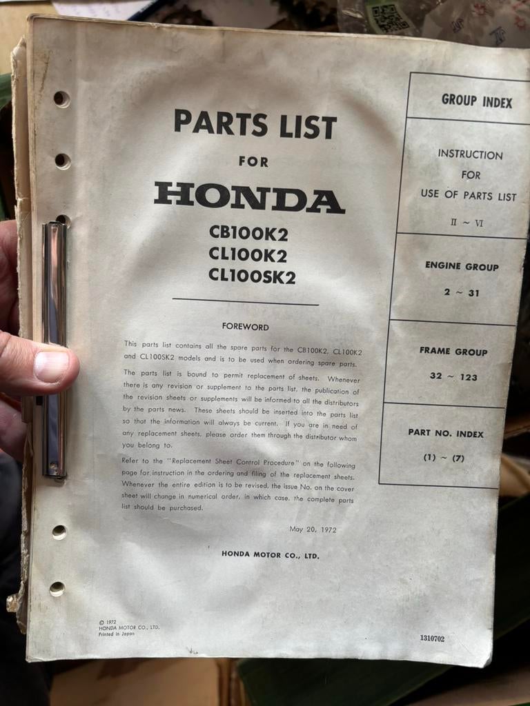 Partsmanual, listing Honda CB100 CL100, Motoren, Ophalen of Verzenden, Honda