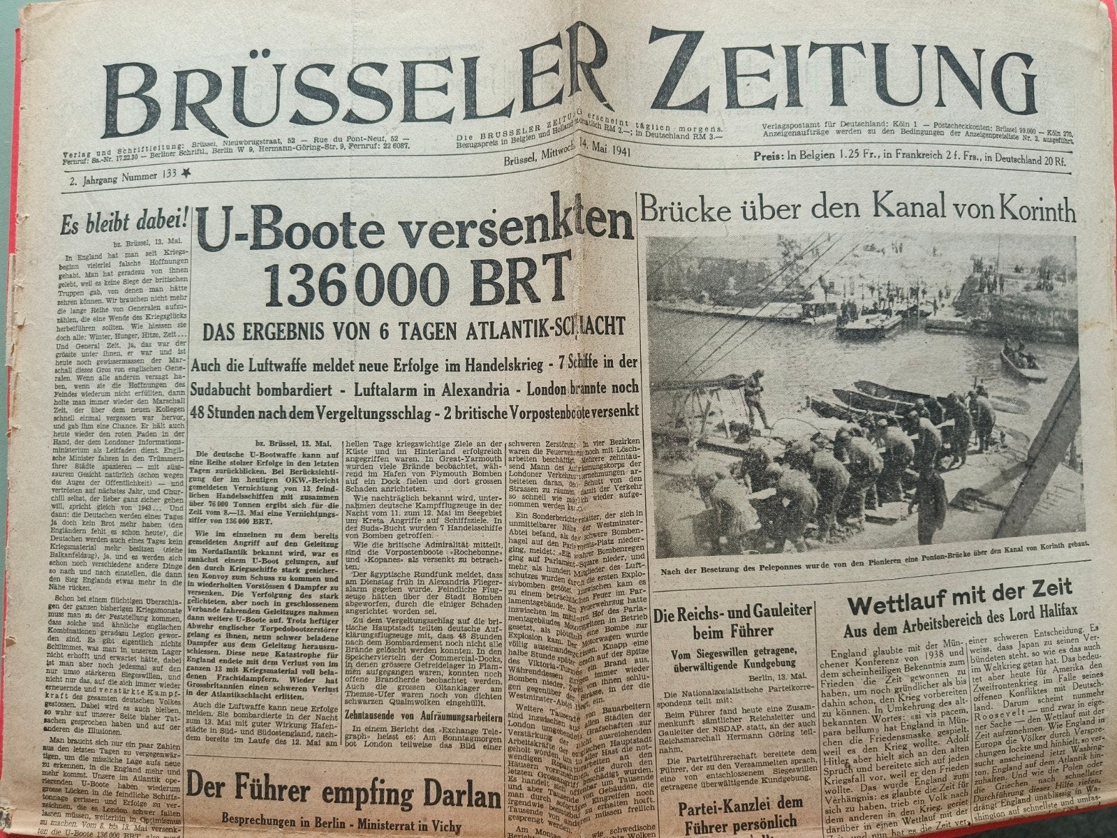 journal de guerre « Brüsseler zeitung » du 14 mai 1941, Collections, Revues, Journaux & Coupures, Enlèvement ou Envoi