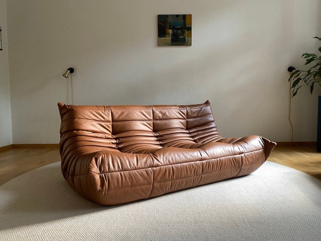 Ligne Roset Togo – Canapé/Sofa 3 places – Cuir Cognac Brun, Trois personnes, 100 à 125 cm, Comme neuf, Cuir