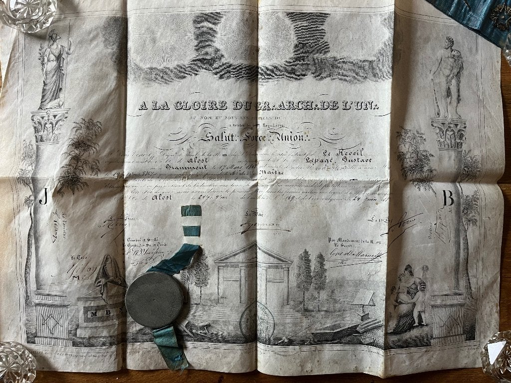 Ancien diplôme maçonnique milieu 19eme, Antiquités & Art, Enlèvement, AUTRES