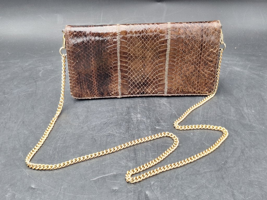 oude bruine slangenlederen handtas, Antiek en Kunst, Ophalen of Verzenden