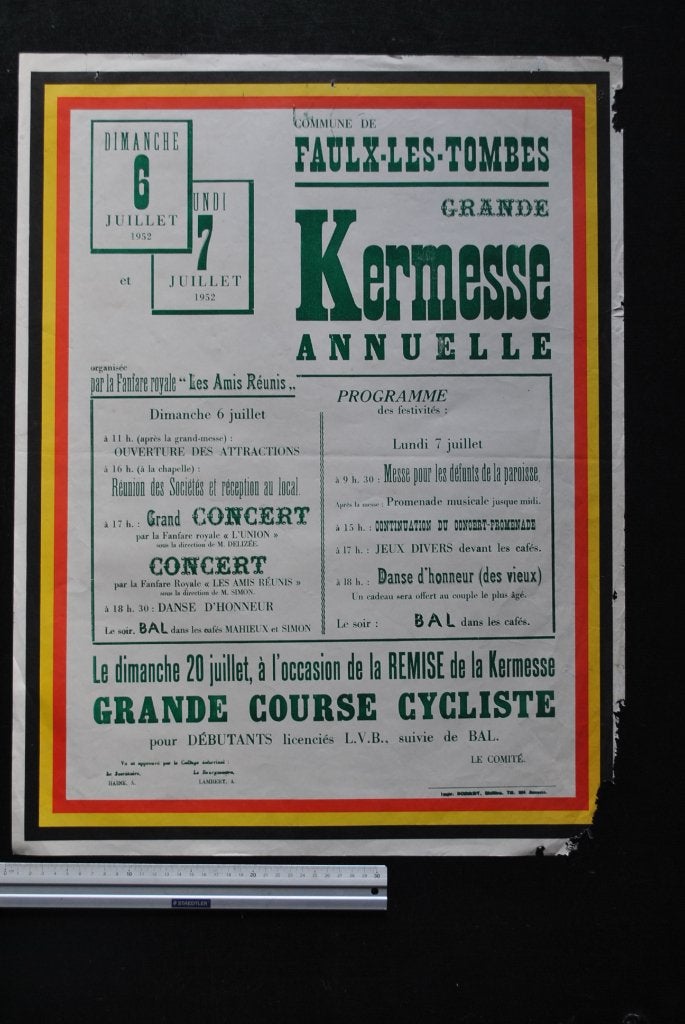 ANCIENNE AFFICHE 1952 FAULX-LES-TOMBES KERMESSE Cyclisme, Collections, Enlèvement ou Envoi, Utilisé