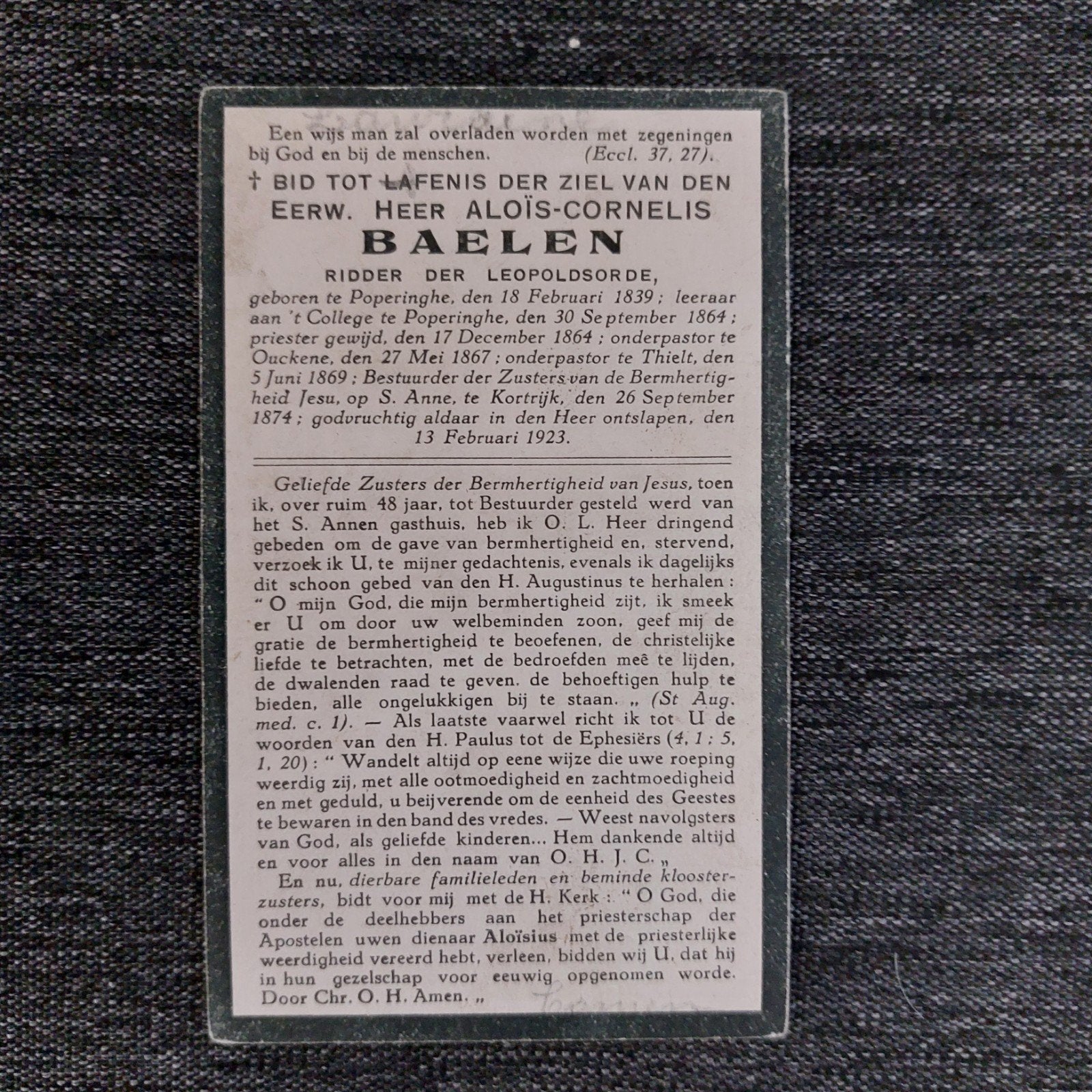 Oud bidprentje E.H. Alois Baelen 1839-1923, Verzenden, Bidprentje