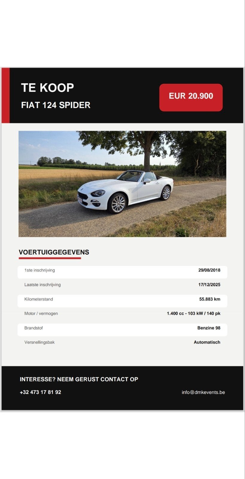 Fiat 124 Spider 2018 Full Option ( Carplay incl), Autos, Cuir, 1335 cm³, Achat, Euro 6