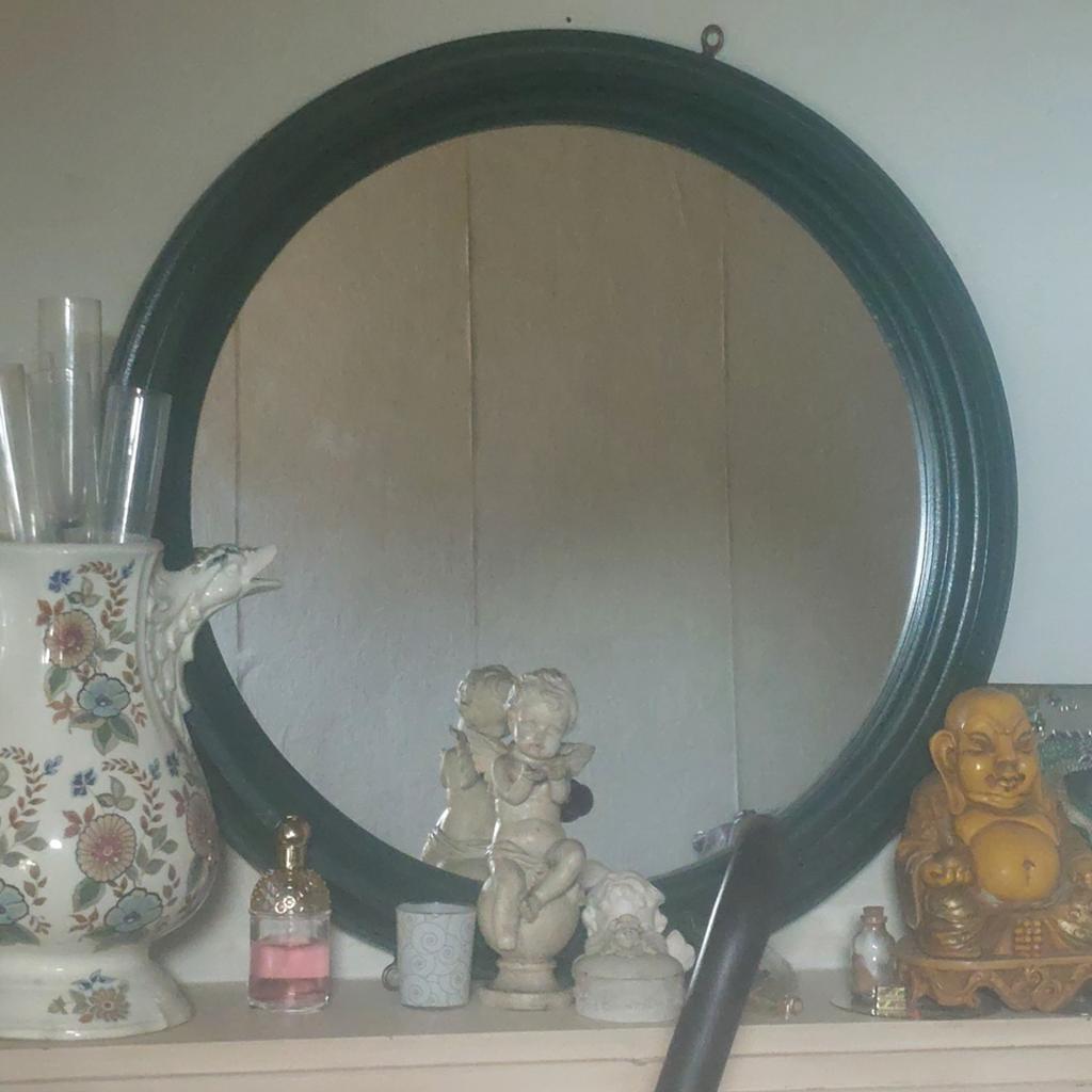 Ronde, vintage wandspiegel met donkergroene lijst, Ophalen, Gebruikt, Rond, 75 tot 100 cm