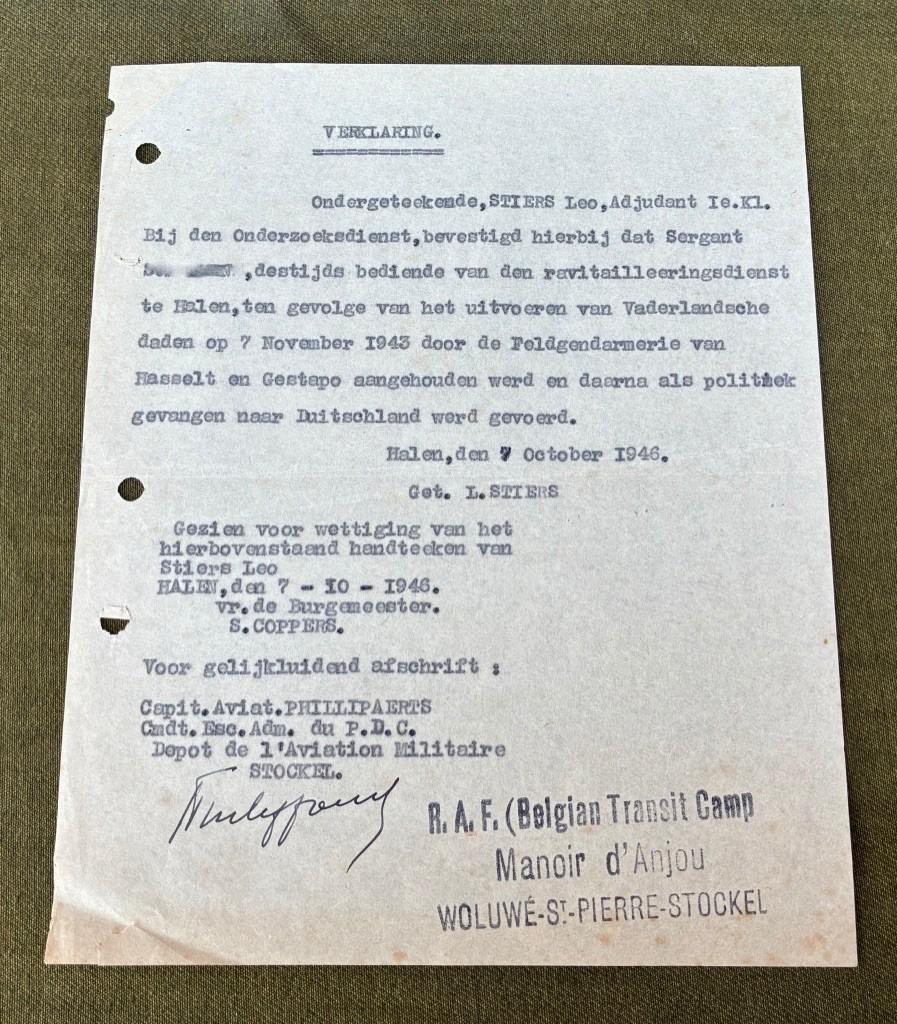 Halen, document ivm daden van het verzet tijdens  WOII, Verzamelen, Ophalen of Verzenden