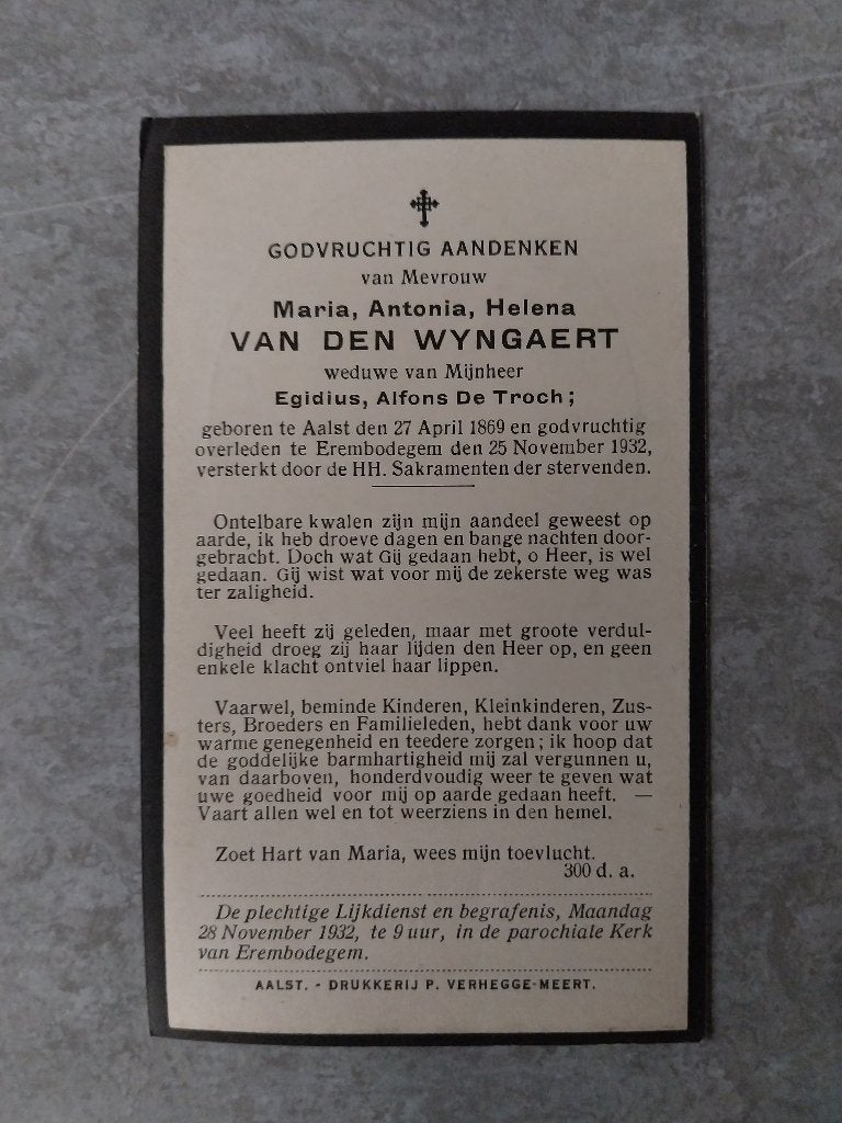 Doodsprentje Van Den Wyngaert De Troch 1932 Aalst, Ophalen of Verzenden