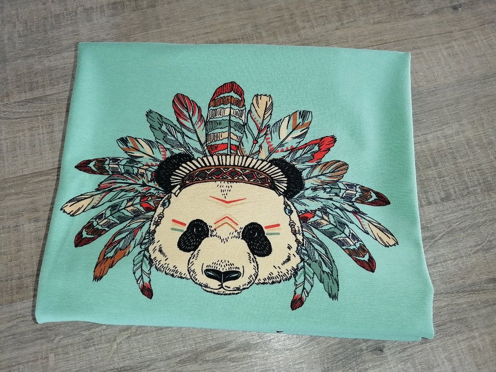 Outlet : Jersey Stenzo paneelstof, panda indiaan mintgroen, Neuf, Coton, Vert, 120 cm ou plus