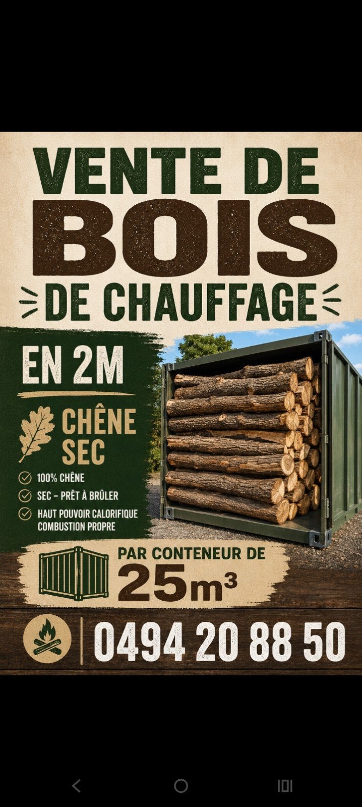 Bois de chauffage 2m livrer ., Jardin & Terrasse, Enlèvement