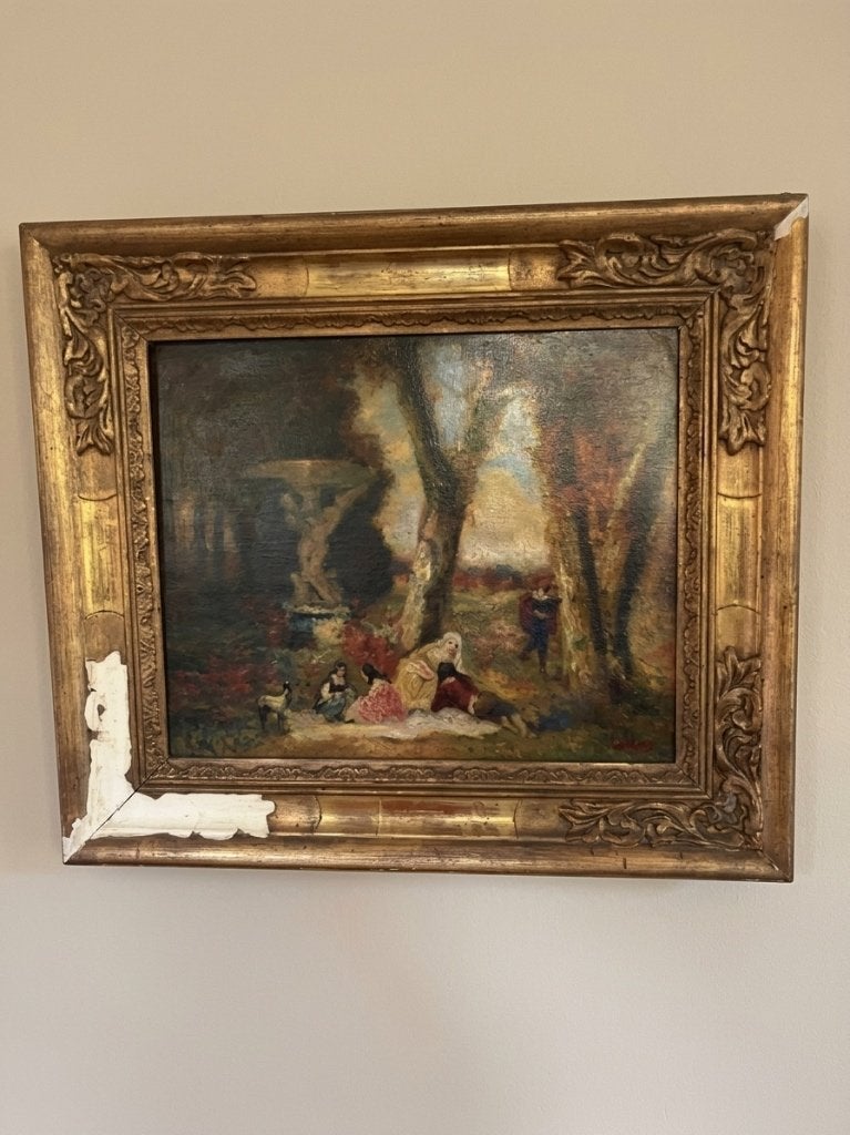 Tableau ancien scène galante – Huile sur toile cadre doré, Peinture à l'huile, Enlèvement, Toile, Nature morte
