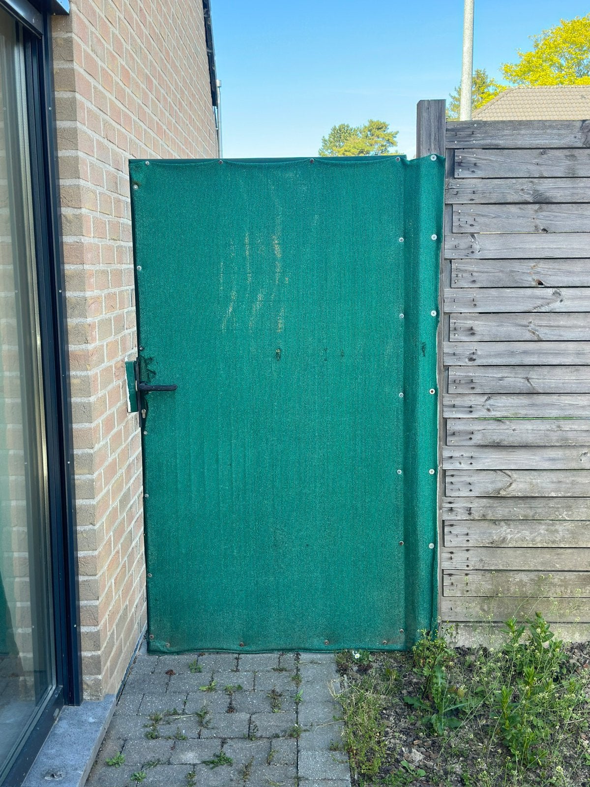 Groen stalen poortje omheining, Ophalen, Gebruikt, Draaipoort, 150 tot 200 cm