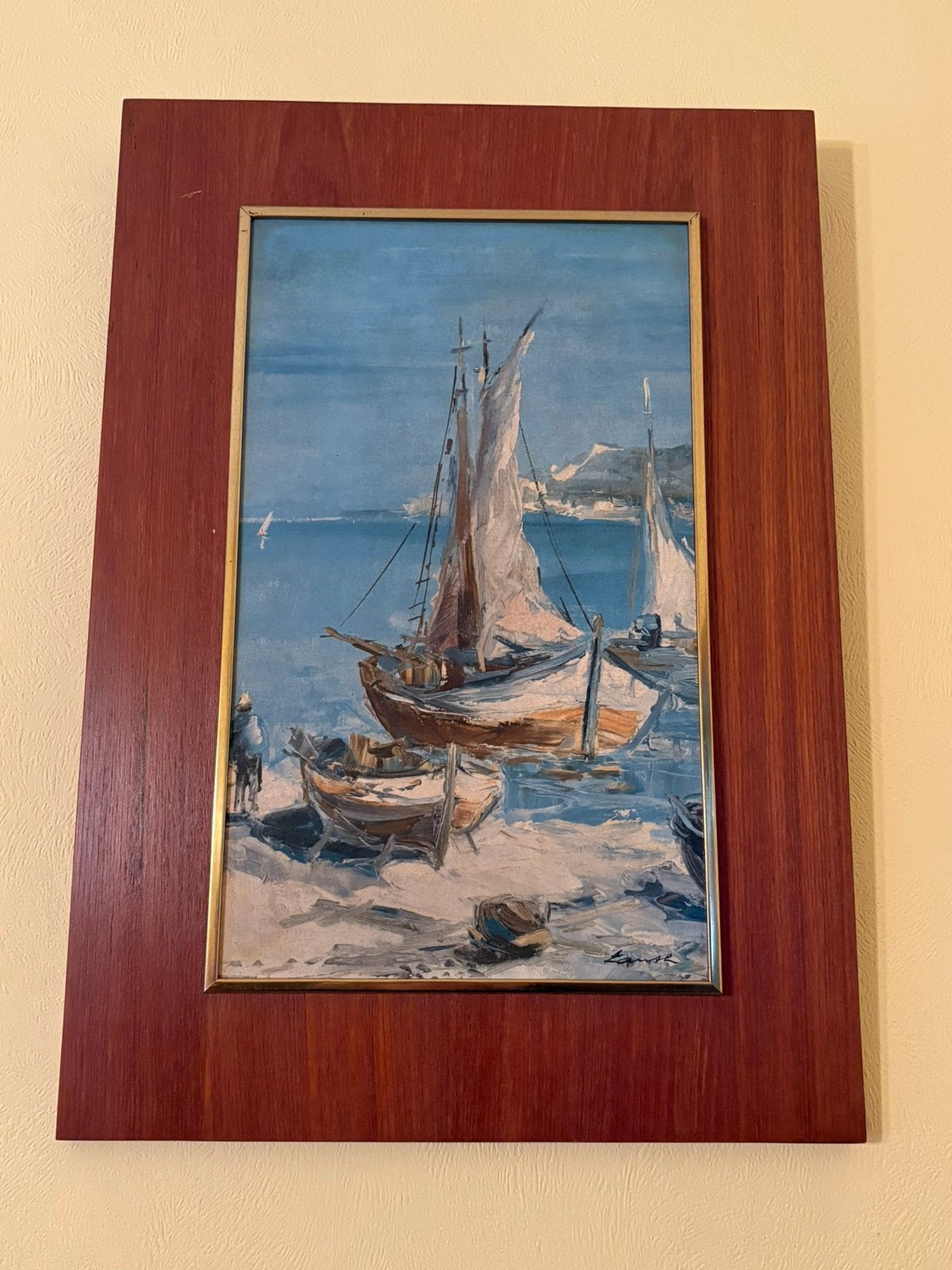 Vintage olieverfschilderij met zeilboten en haven – 48 x 68, Ophalen