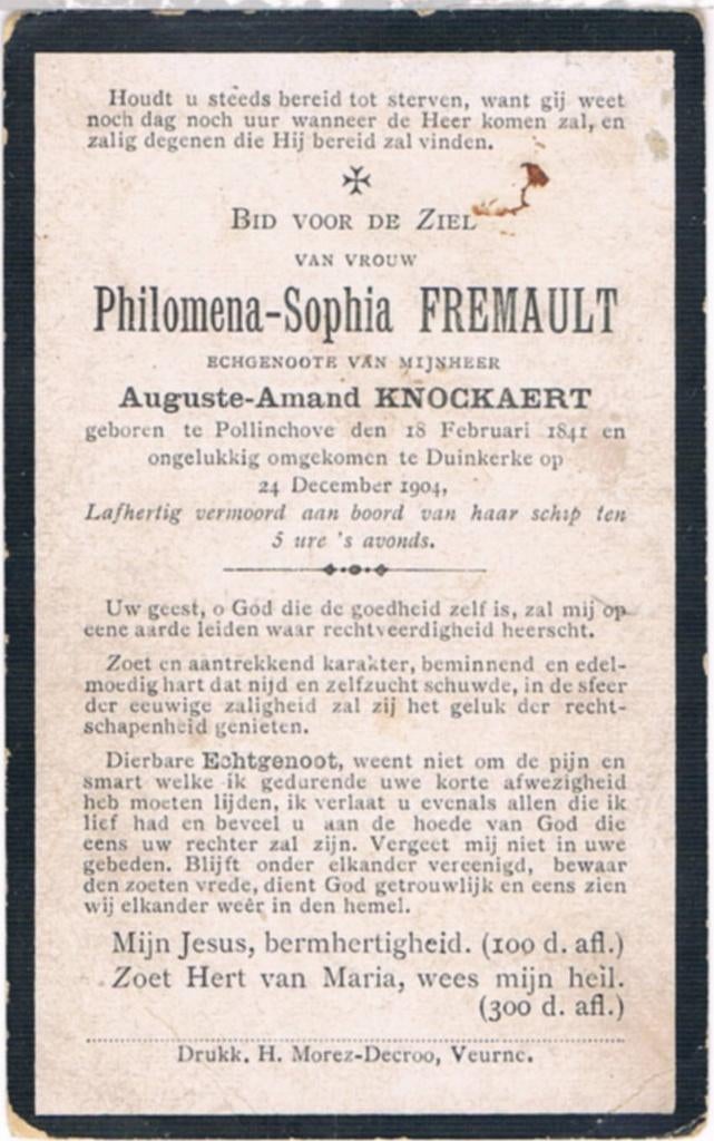 Vermoord. Fremault Philom.°Pollinchove 1841 † Duinkerke 1904, Ophalen of Verzenden, Bidprentje