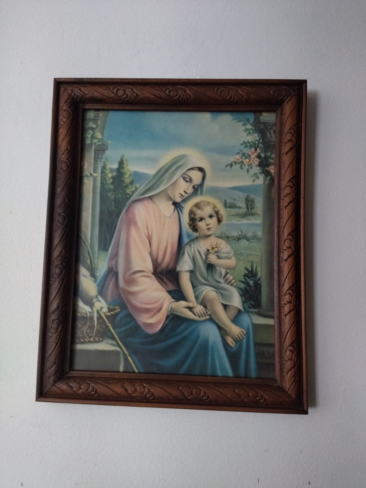 Vintage religieus frame, Maagd Maria en het Kindje Jezus, Antiek en Kunst, Antiek | Religieuze voorwerpen, Ophalen of Verzenden