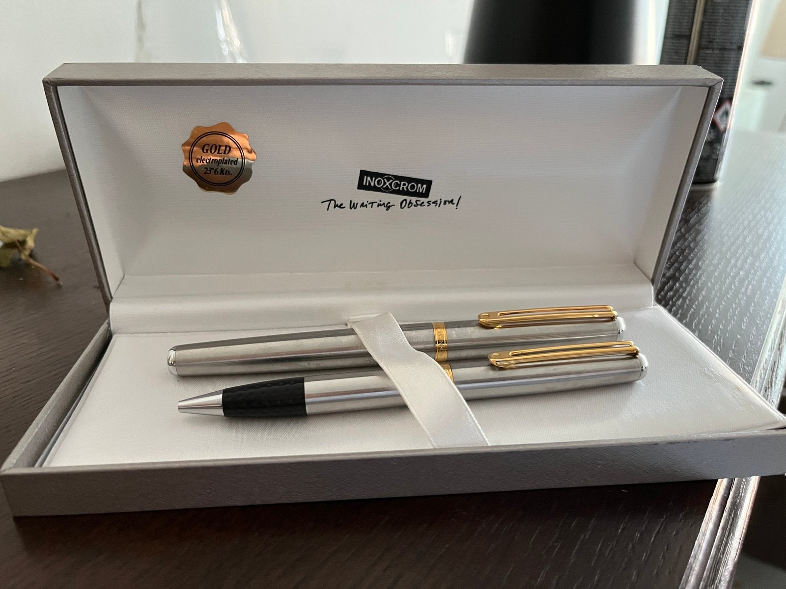 Inoxcrom pennenset met ca 24 kt goud accenten., Ophalen, Gebruikt