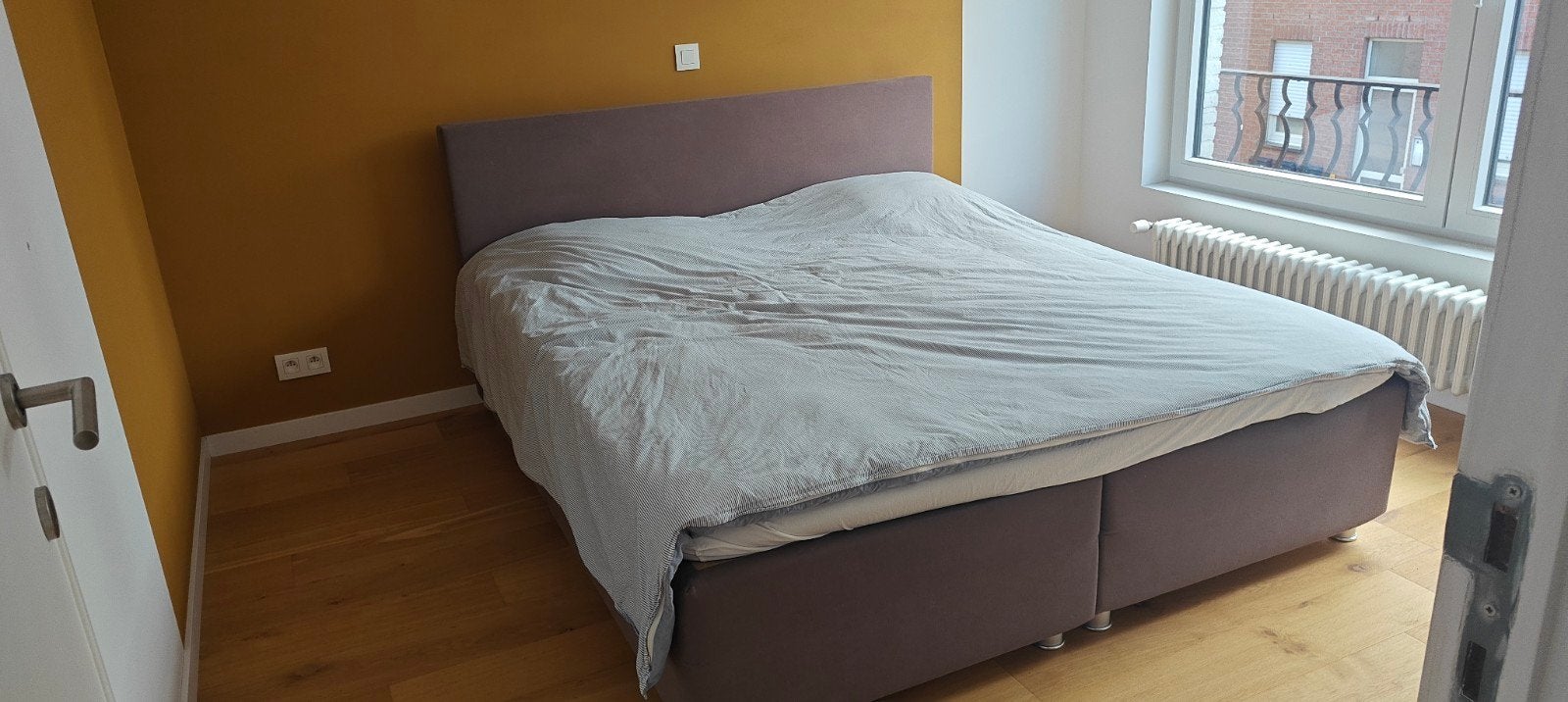 2 personen boxspring met topper, Ophalen, Gebruikt, Bruin, 210 cm