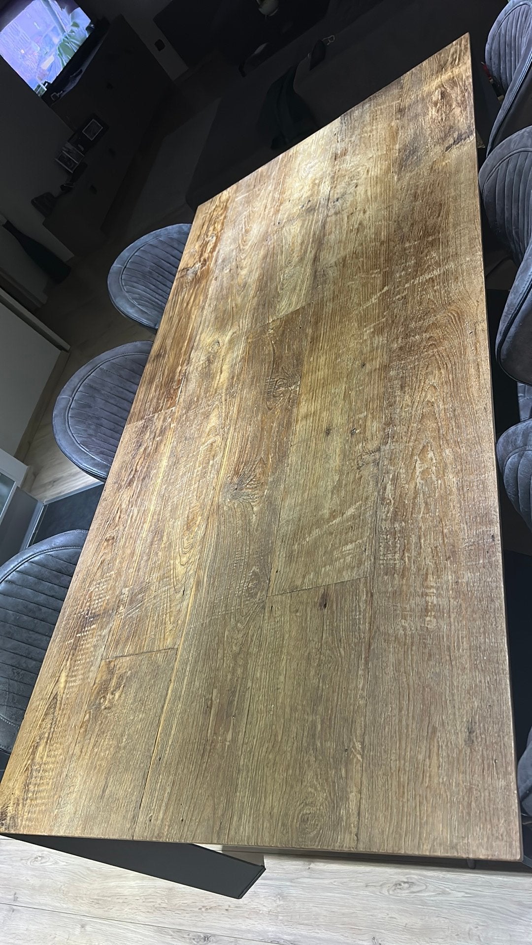 Houten tafel met zwarte metalen poten, Ophalen, Gebruikt, 100 tot 150 cm, 200 cm of meer