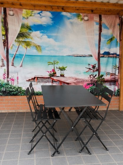 Bistroset, zwart metalen tuintafels en 4 stoelen, Ophalen, Gebruikt, Vierkant, Metaal