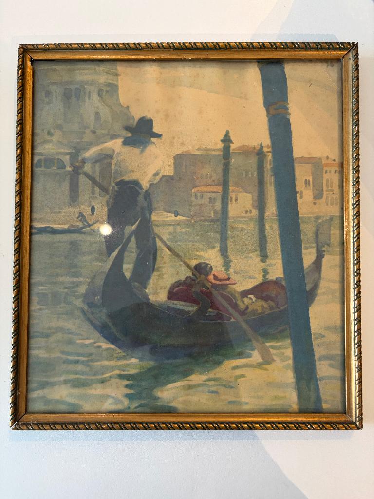 Antiek/Vintage Schilderij VenetiëGondelier & Salute Basiliek, Ophalen of Verzenden