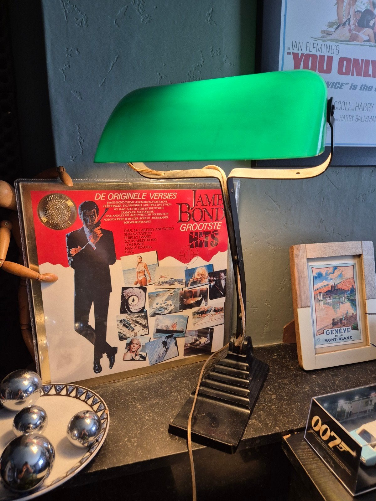 Authentieke Art Deco groene opaline bureaulamp voor notariss, Ophalen, Bureaulamp, Art deco